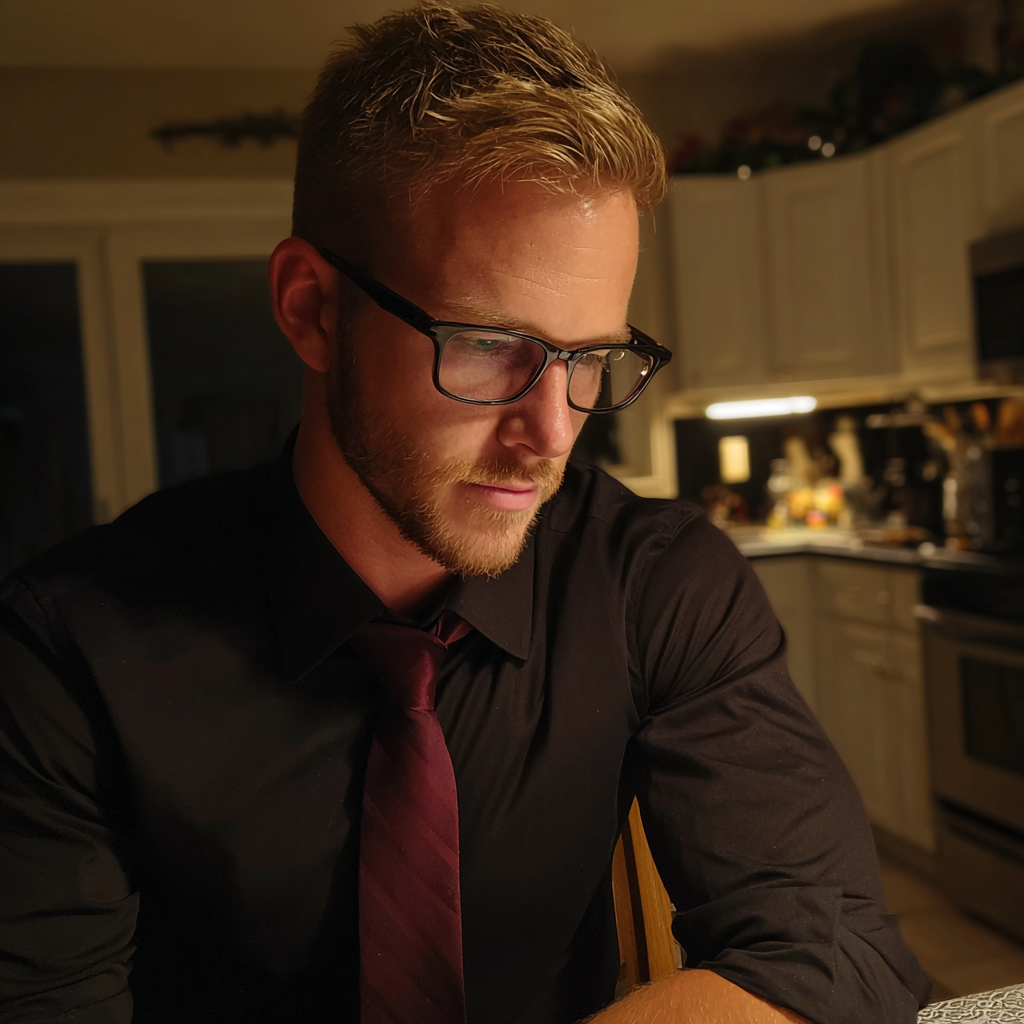 Un hombre sentado a la mesa de la cocina | Fuente: Midjourney