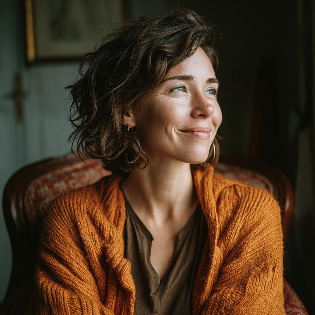 Una mujer feliz sentada en casa | Fuente: Midjourney