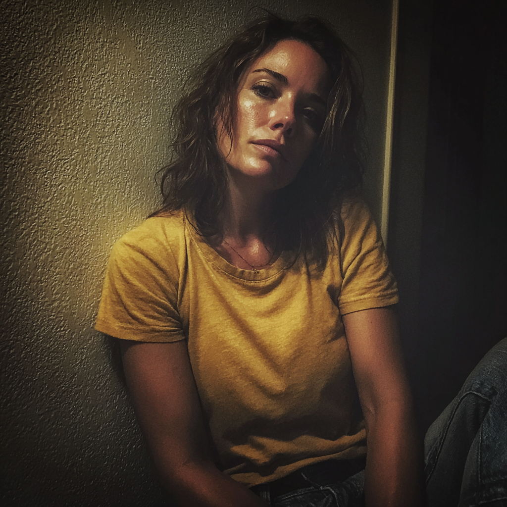 Una mujer exhausta y emocional apoyada en una pared | Fuente: Midjourney