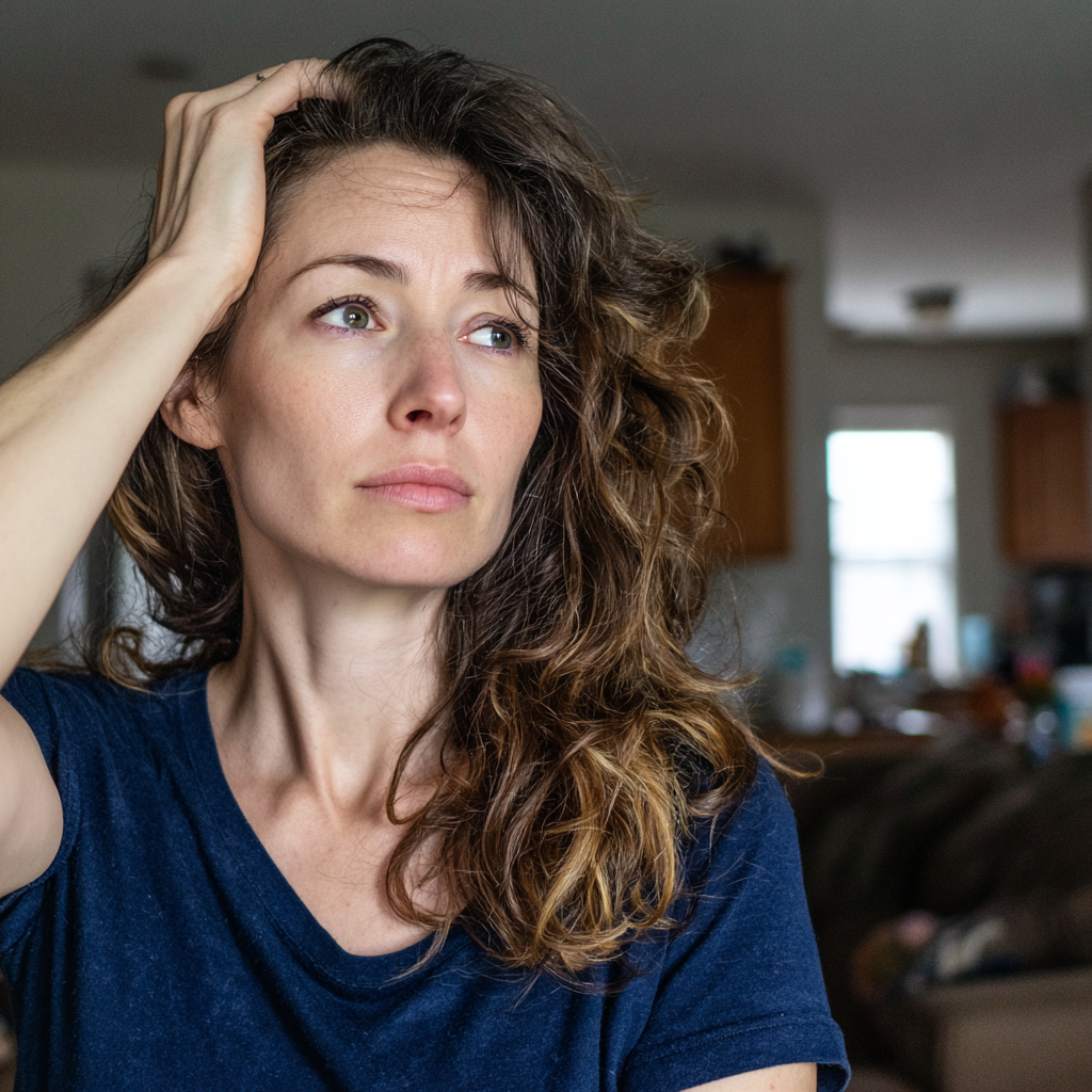Una mujer de pie con la mano en la cabeza | Fuente: Midjourney