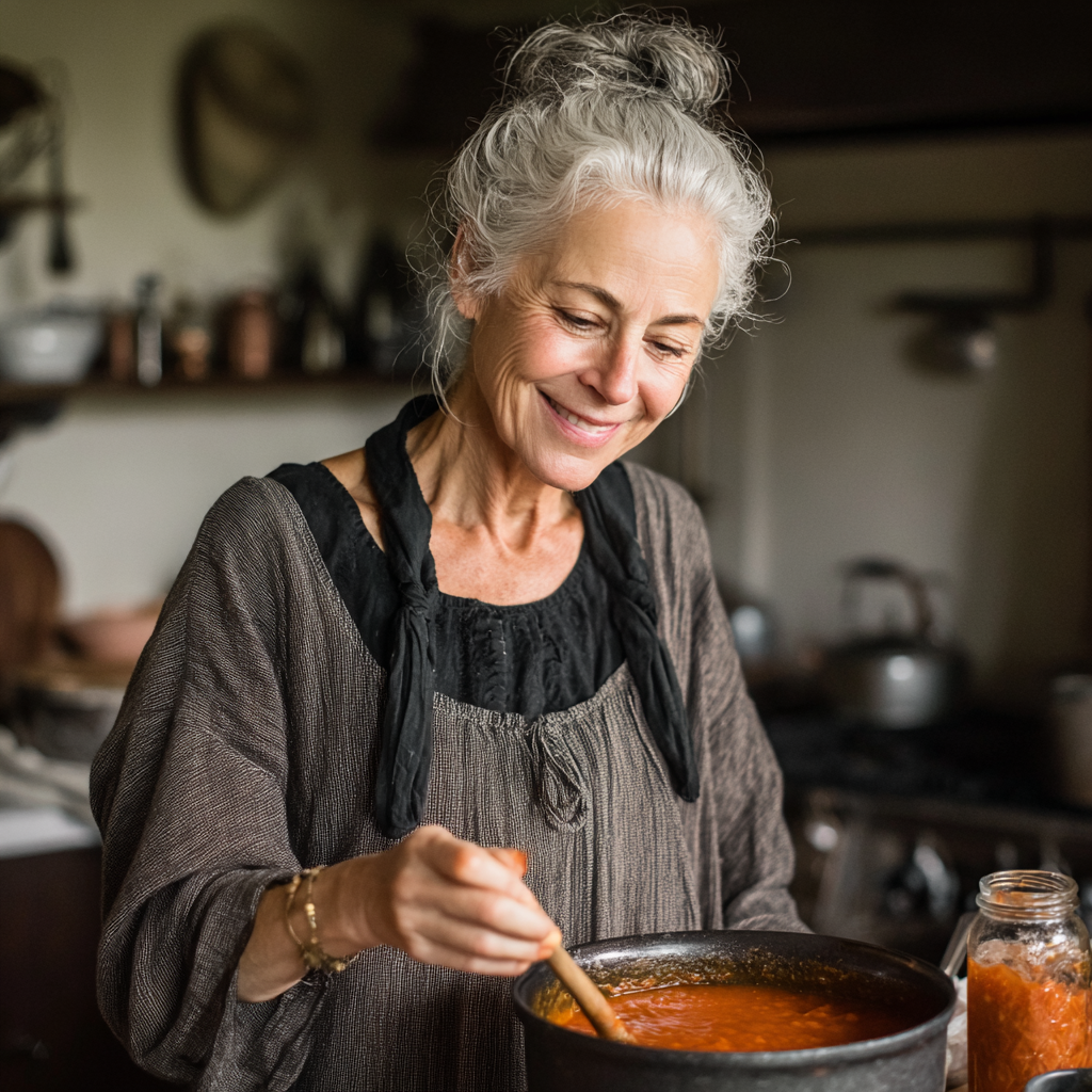 Una mujer removiendo una olla de sopa | Fuente: Midjourney