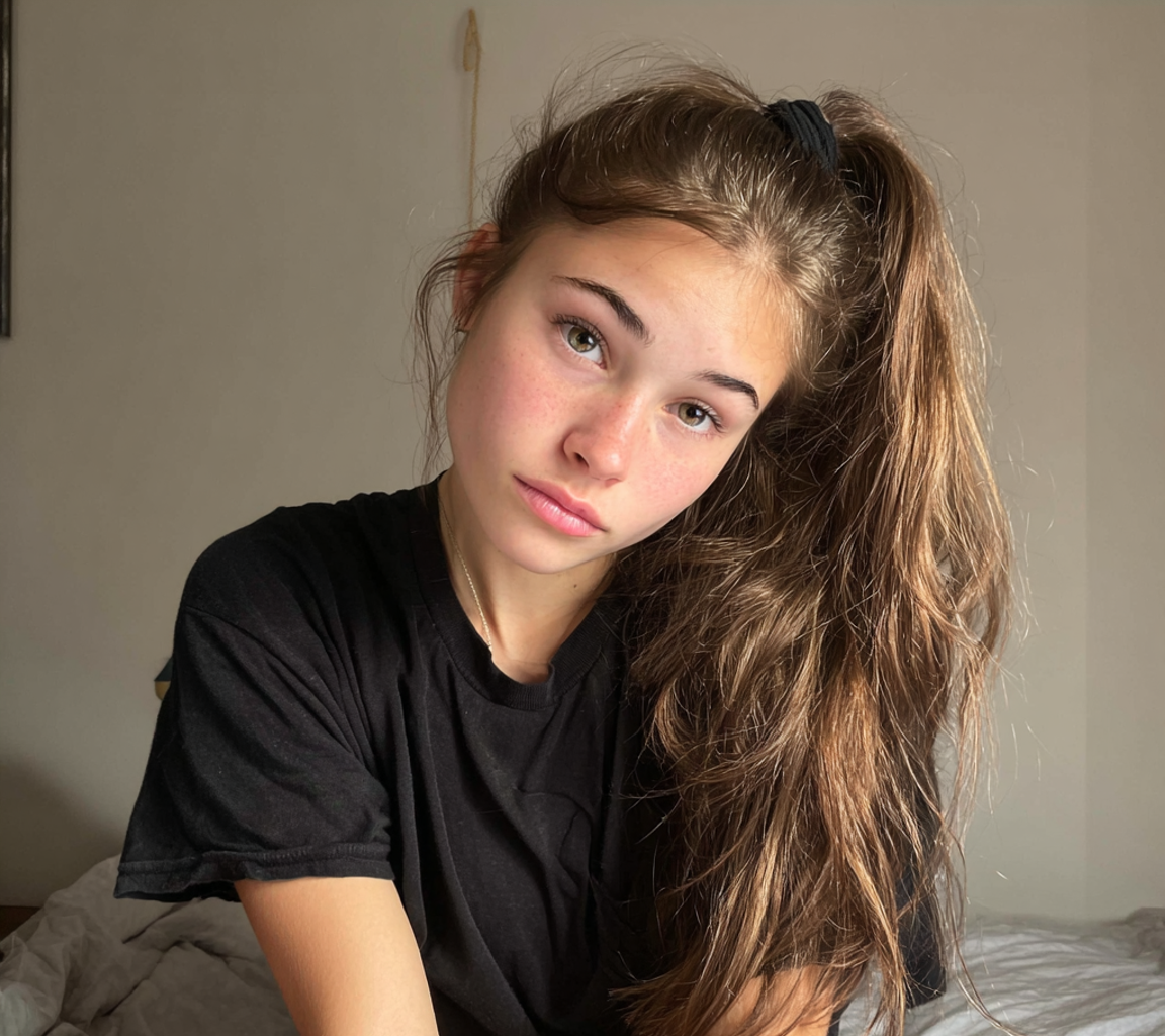 Una adolescente sentada en una cama | Fuente: Midjourney