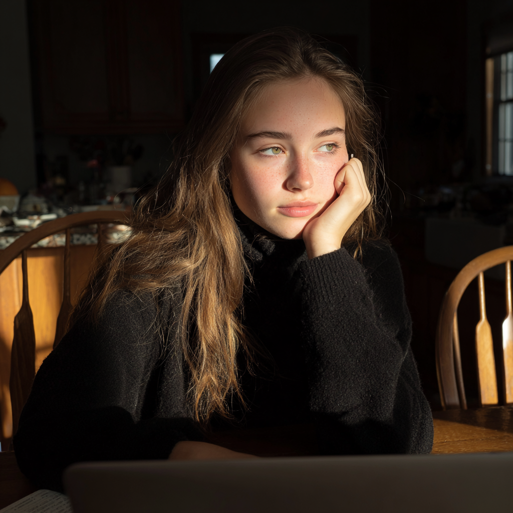 Una adolescente soñando despierta en una mesa de comedor | Fuente: Midjourney
