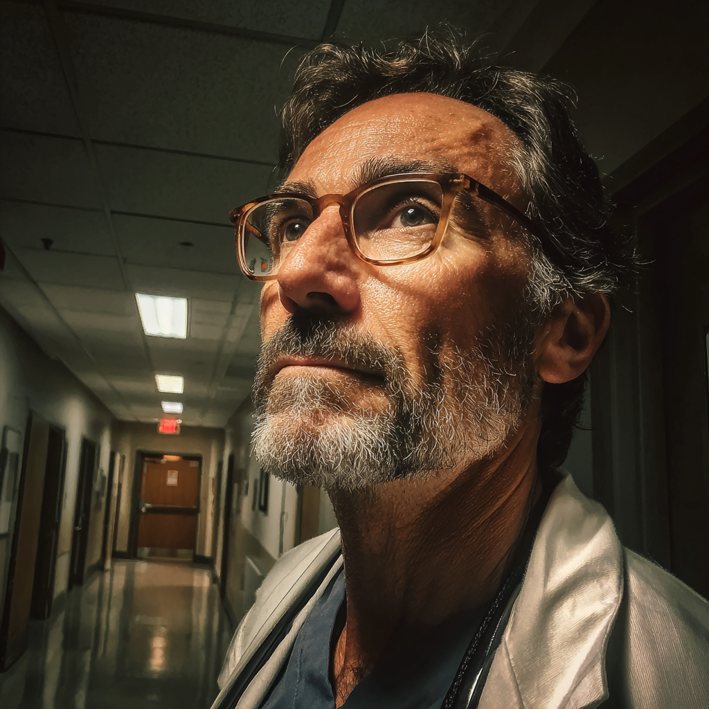 Un médico con uniforme azul marino | Fuente: Midjourney