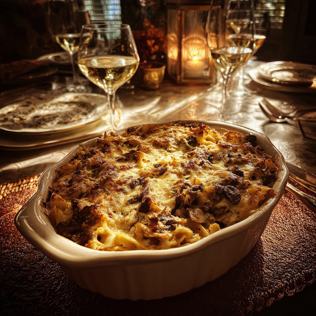 Una cazuela de stroganoff de ternera sobre una mesa | Fuente: Midjourney