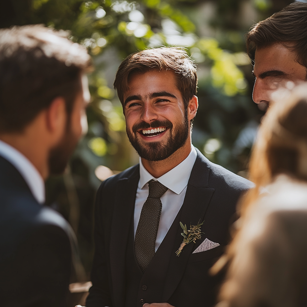 Dan estrechando lazos felizmente con sus amigos en su boda | Fuente: Midjourney