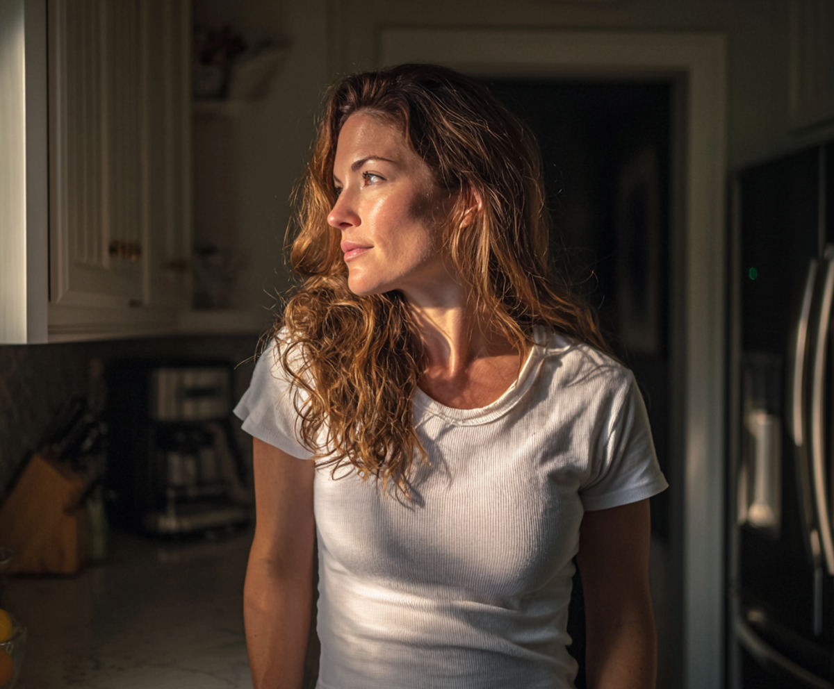 Una mujer mirando por la ventana de la cocina | Fuente: Midjourney