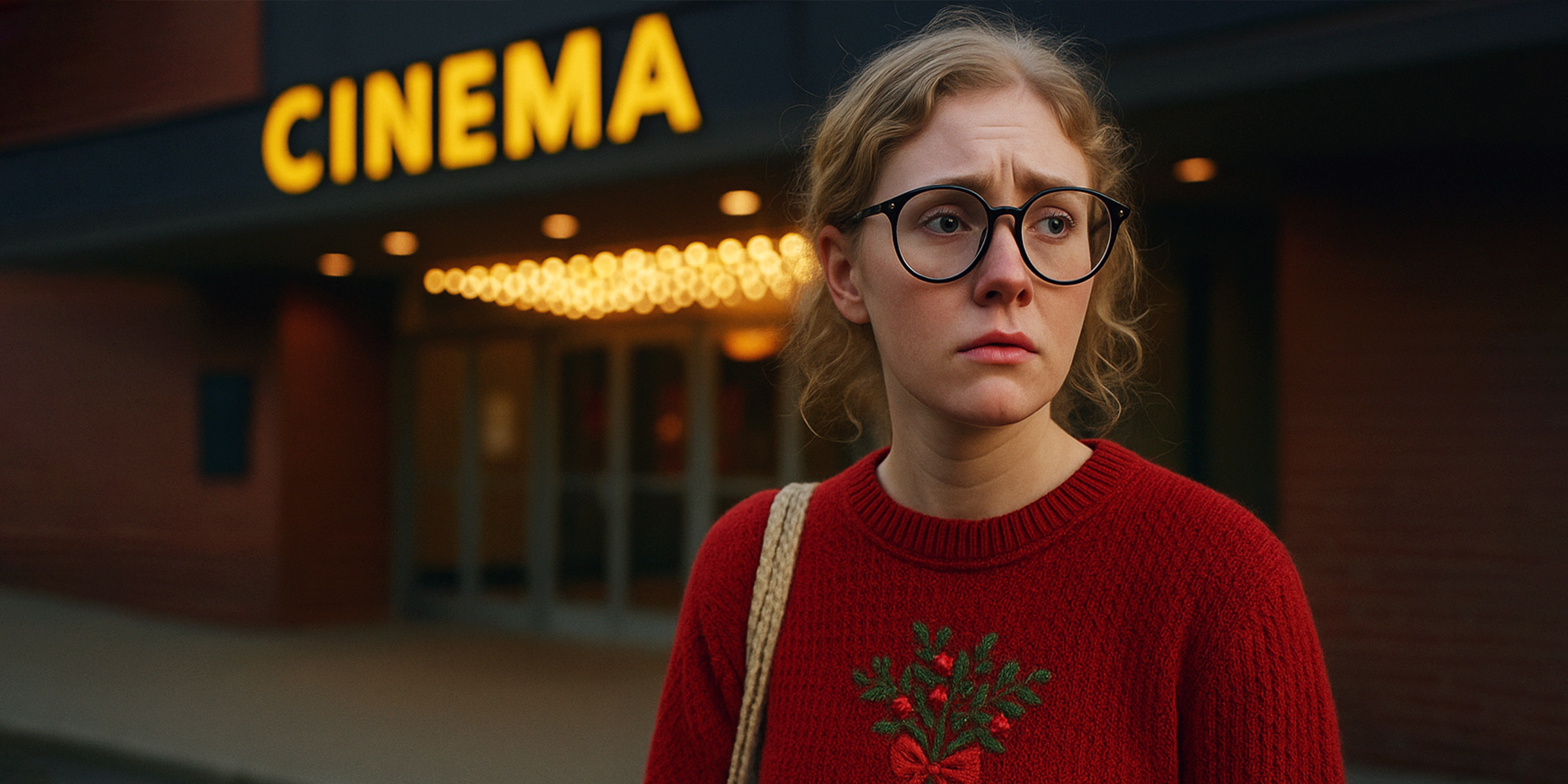 Una mujer con lentes cerca de un cine | Fuente: Sora