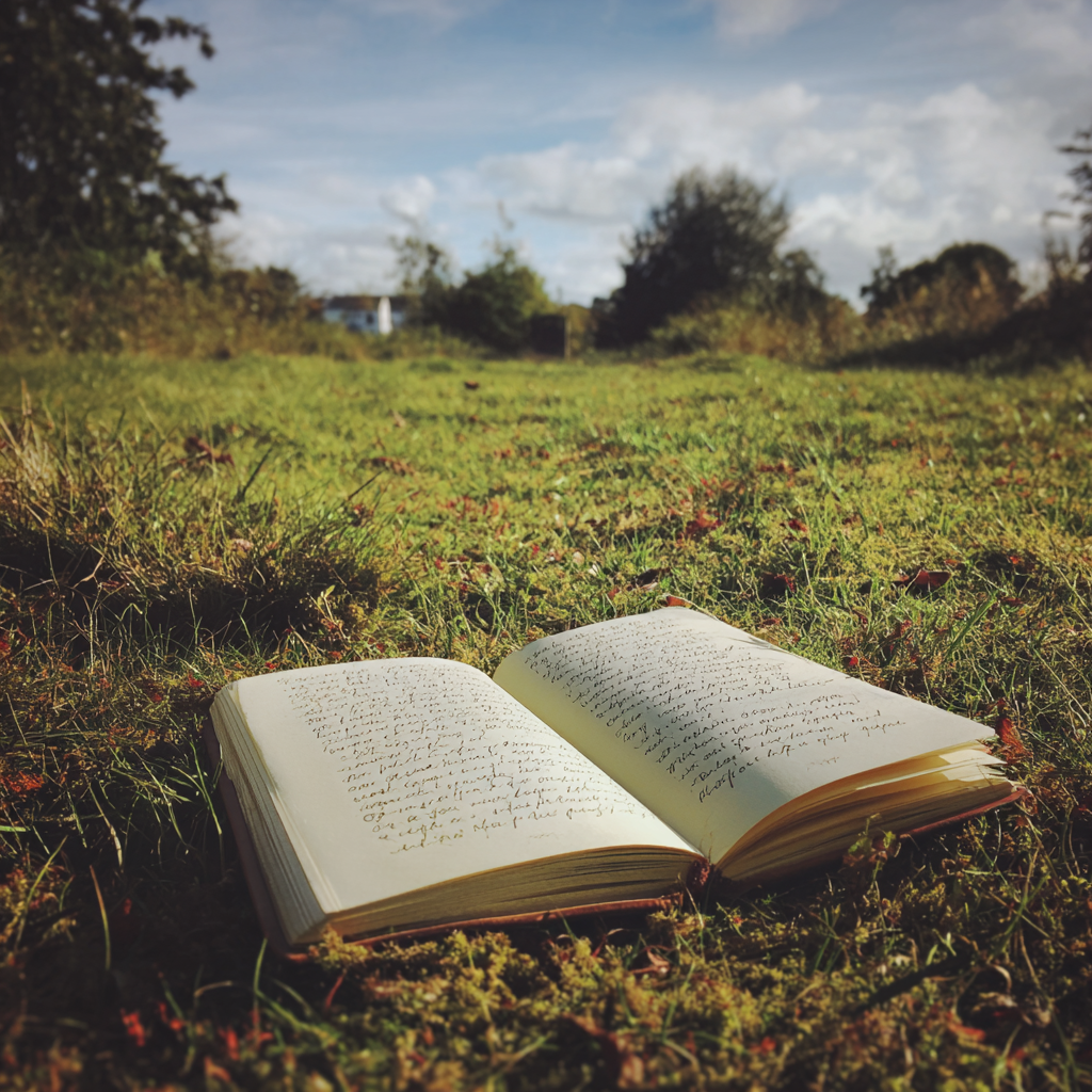 Un cuaderno abierto sobre la hierba | Fuente: Midjourney