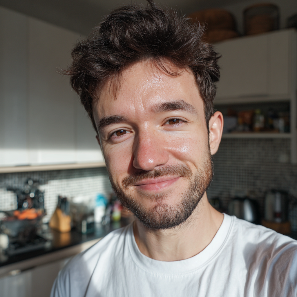 Un hombre sonriente de pie en una cocina | Fuente: Midjourney