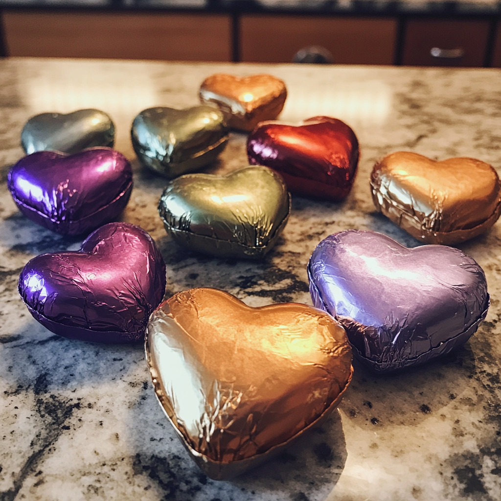 Bombones en forma de corazón envueltos en papel de aluminio | Fuente: Midjourney