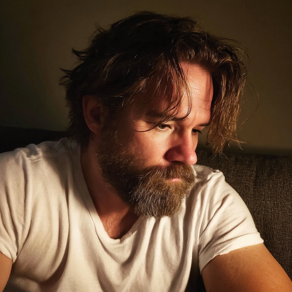 Un hombre pensativo sentado en un sofá | Fuente: Midjourney