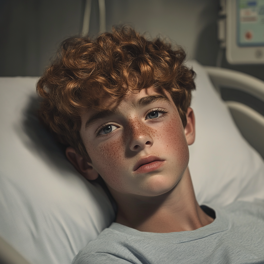Un niño triste tumbado en la cama de un hospital | Fuente: Midjourney