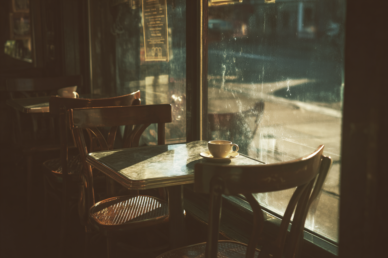 Mesas y sillas en una cafetería | Fuente: Midjourney