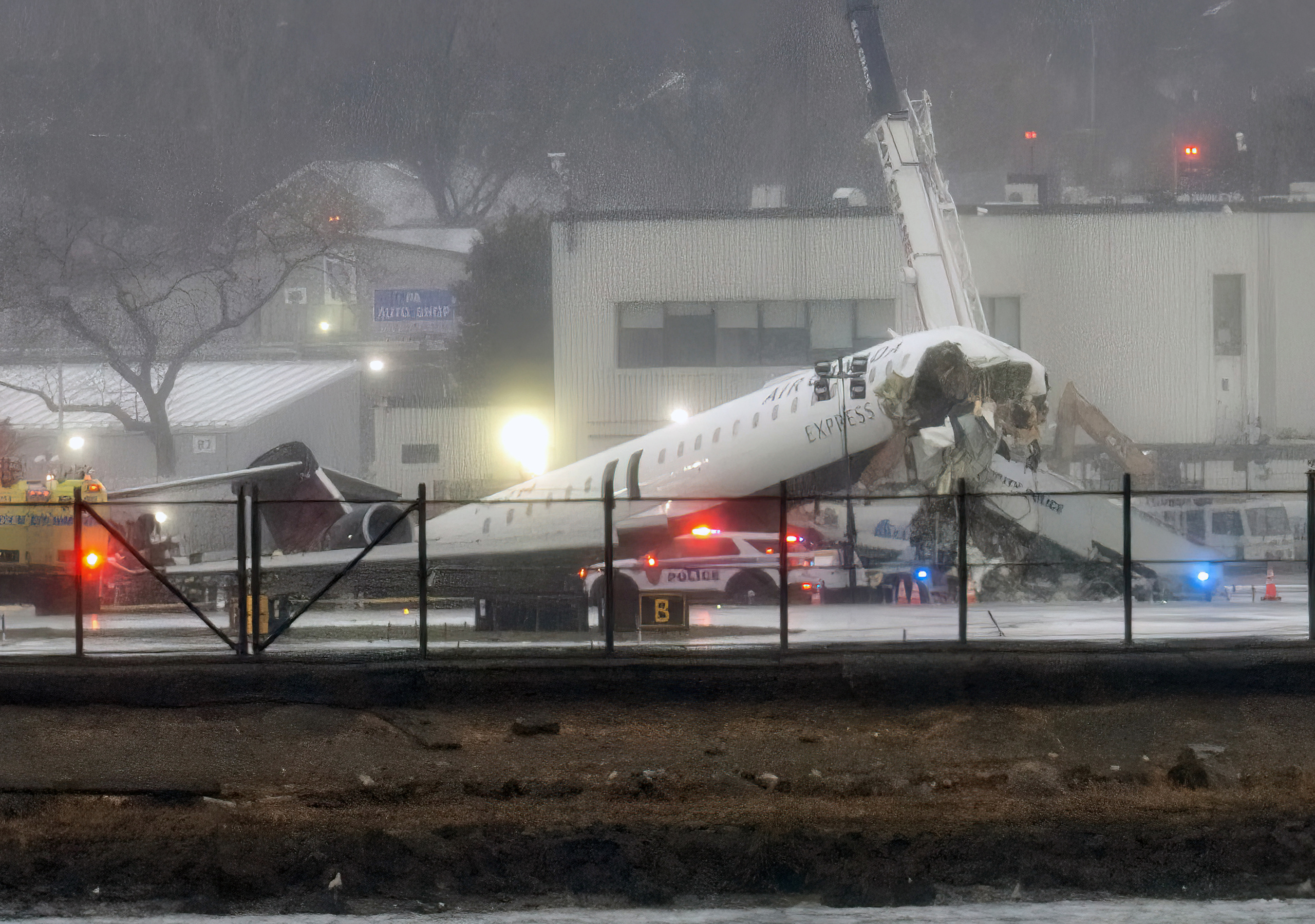 Un avión CRJ-900 de Air Canada Express permanece en la pista del aeropuerto LaGuardia el 23 de marzo de 2026. El piloto y el copiloto del avión de Air Canada fallecieron tras estrellarse su aeronave contra un camión de la Autoridad Portuaria en la pista cuando intentaban despegar en Queens el domingo 22 de marzo de 2026. | Fuente: Getty Images