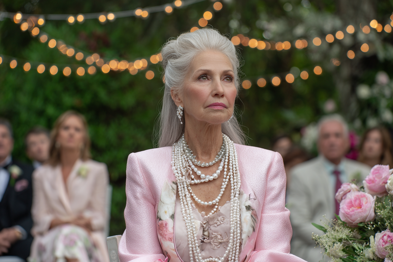 Una mujer mayor sentada en una boda al aire libre | Fuente: Midjourney