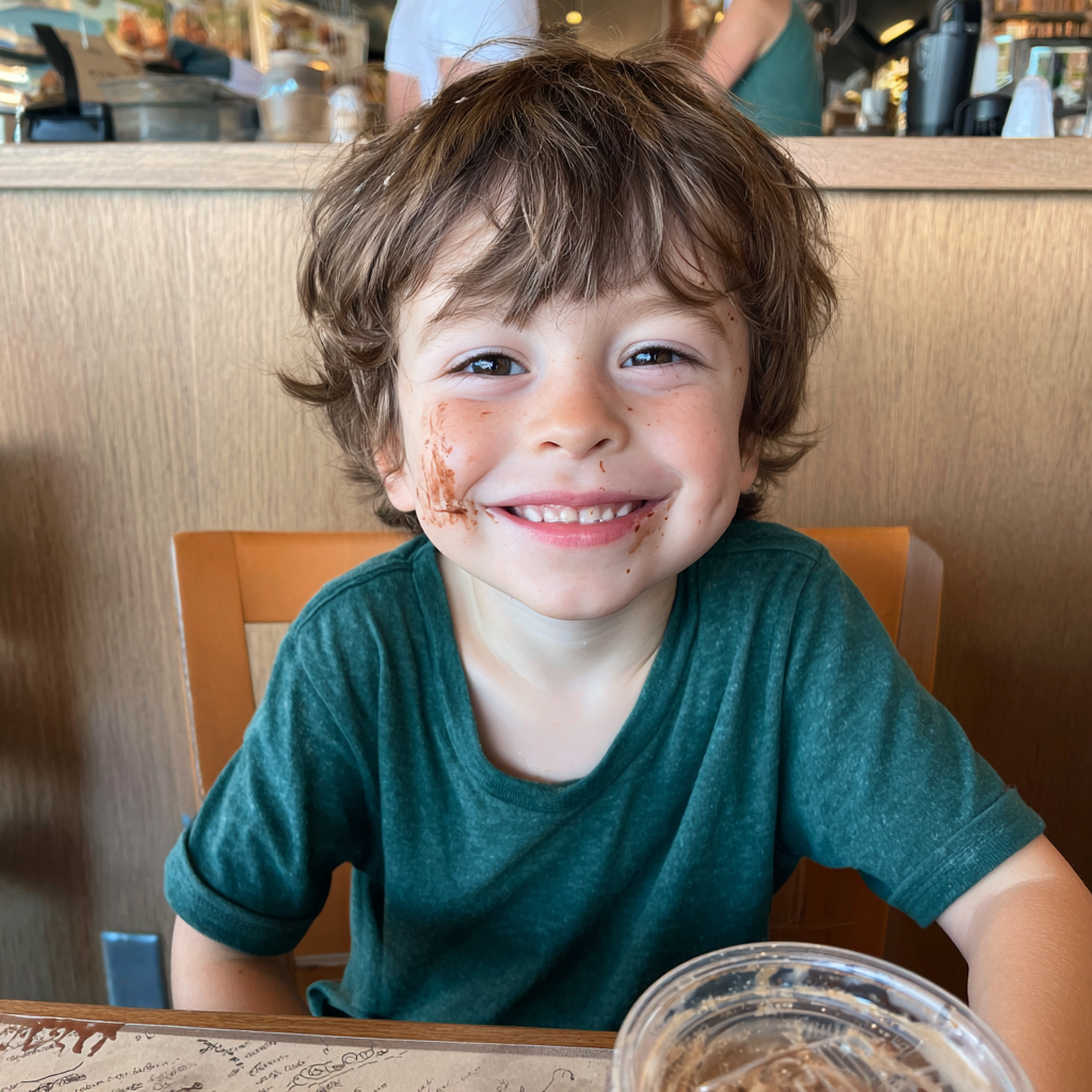 Un niño sonriente con salsa de chocolate en la cara | Fuente: Midjourney