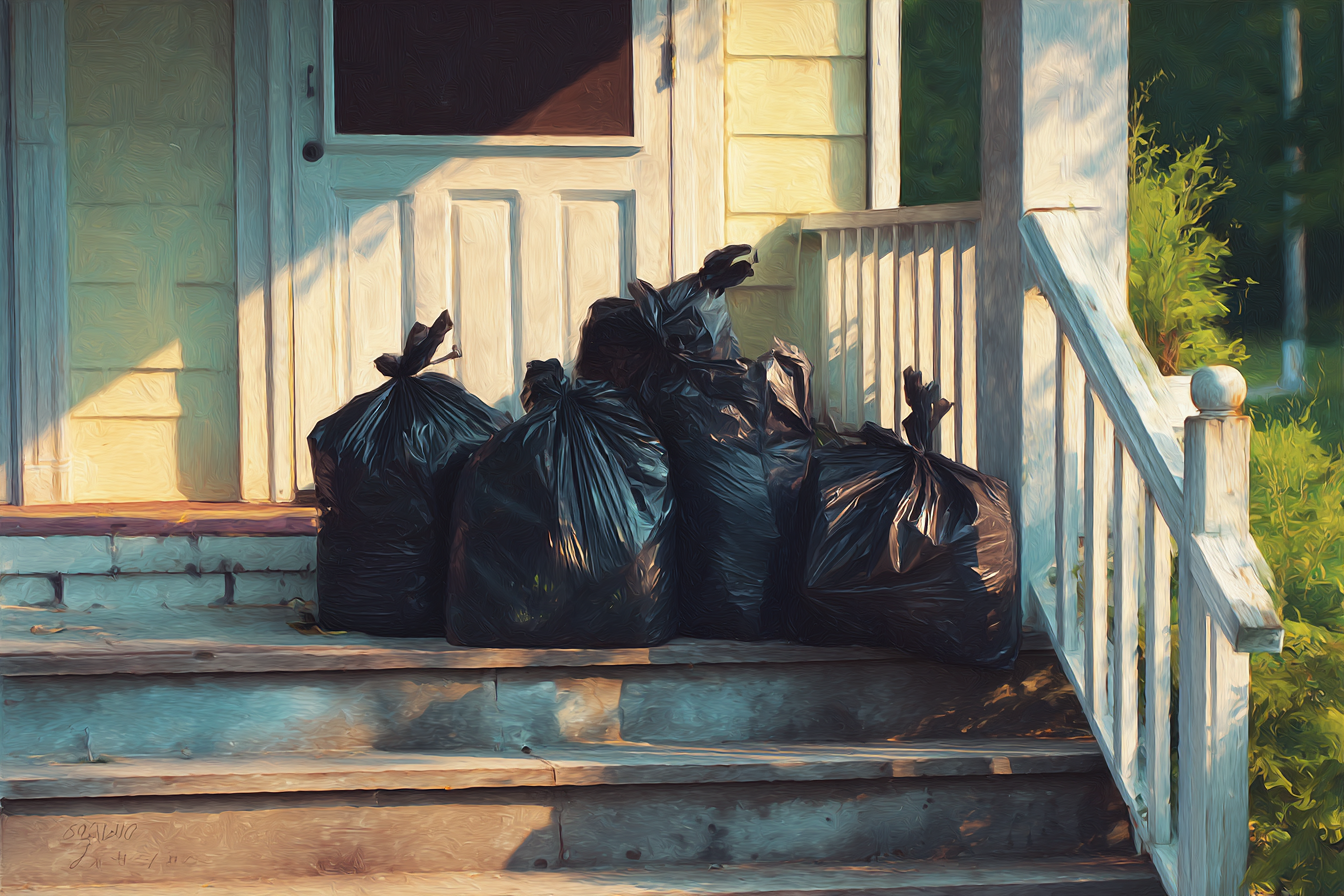 Bolsas de basura delante de una casa | Fuente: Midjourney