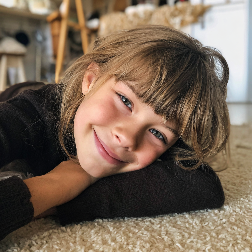 Una niña sonriente tumbada en una alfombra | Fuente: Midjourney