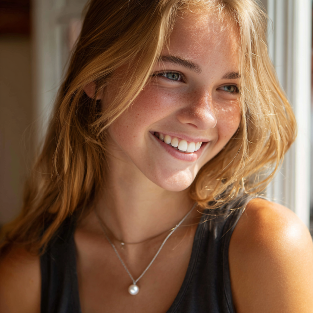 Una adolescente con un colgante de perlas | Fuente: Midjourney
