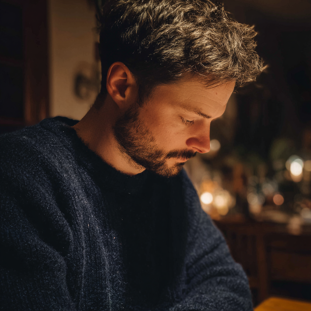 Un hombre mirando su regazo | Fuente: Midjourney