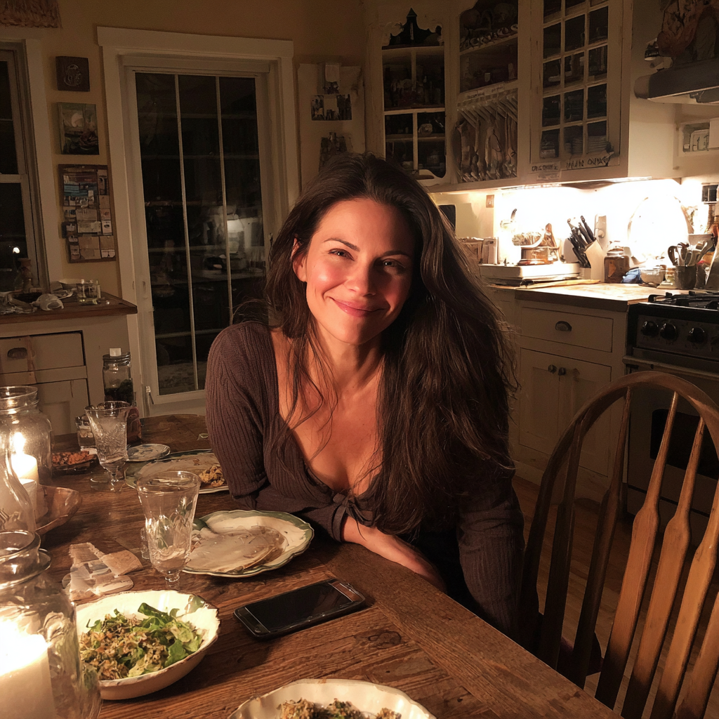 Una mujer sonriente sentada a una mesa | Fuente: Midjourney