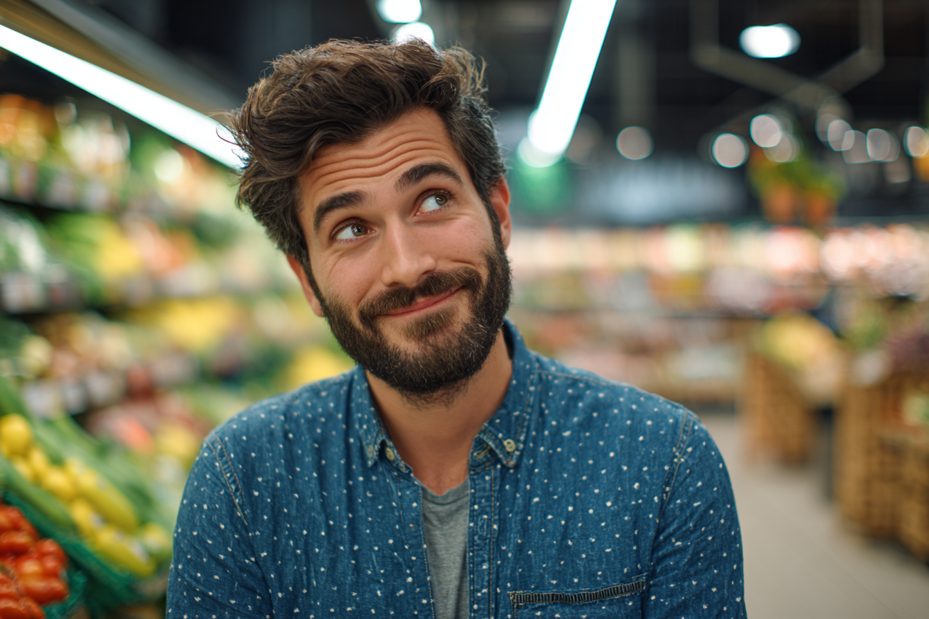 Un hombre en una tienda de comestibles sonriendo pícaramente | Fuente: Midjourney
