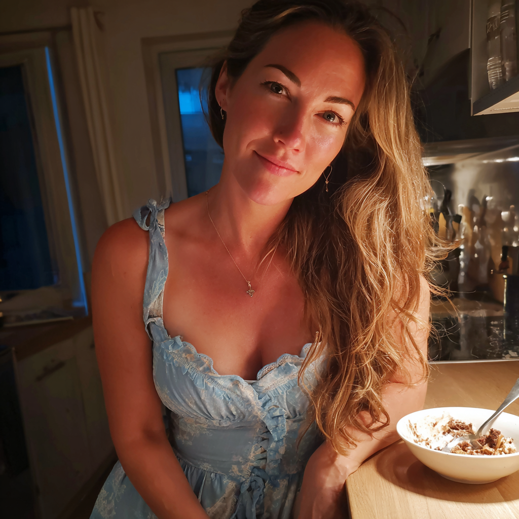 Una mujer sonriente sentada en la encimera de una cocina | Fuente: Midjourney