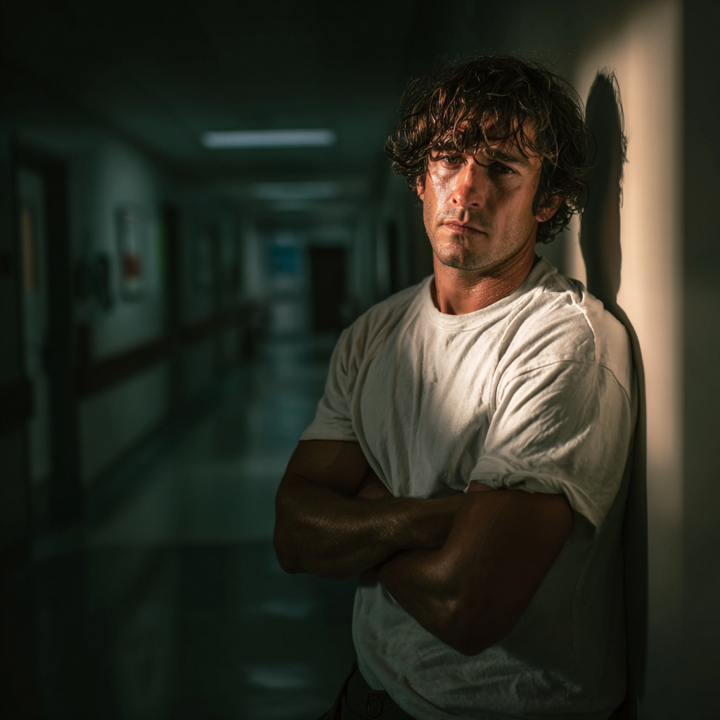 Un hombre apoyado en la pared del pasillo de un hospital | Fuente: Midjourney