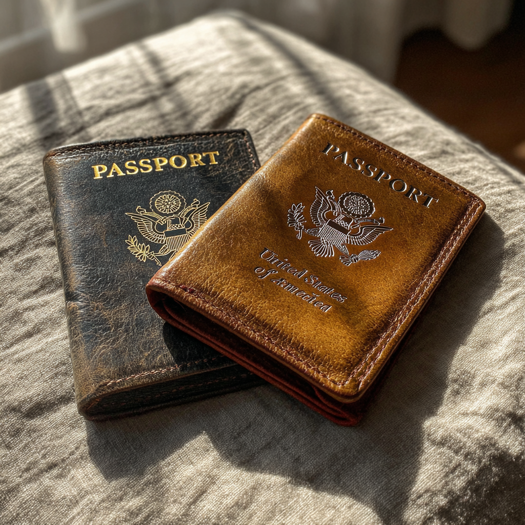 Un primer plano de dos porta pasaporte | Fuente: Midjourney
