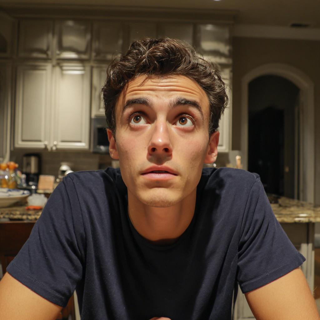 Un hombre sorprendido sentado a la mesa de la cocina | Fuente: Midjourney