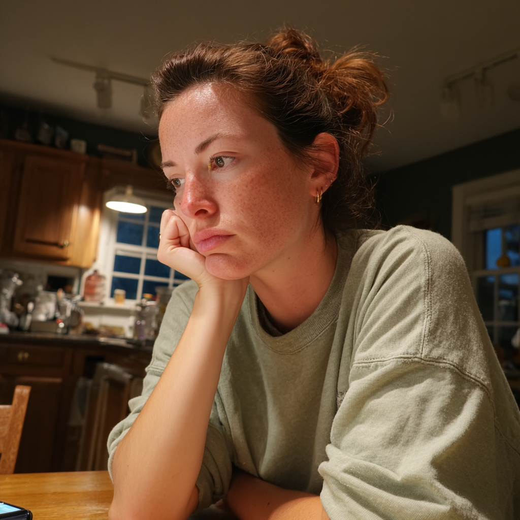 Una mujer sentada a la mesa de la cocina | Fuente: Midjourney