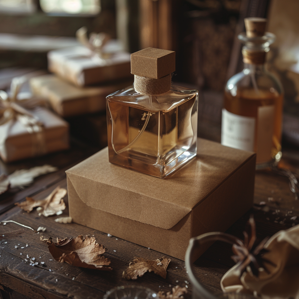 Un viejo frasco de perfume sobre una caja marrón | Fuente: Midjourney
