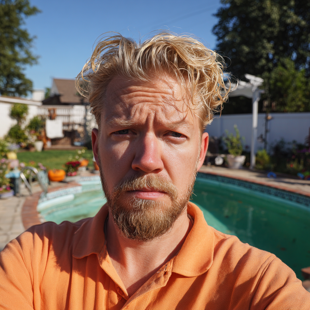 Un hombre ceñudo con un polo naranja | Fuente: Midjourney