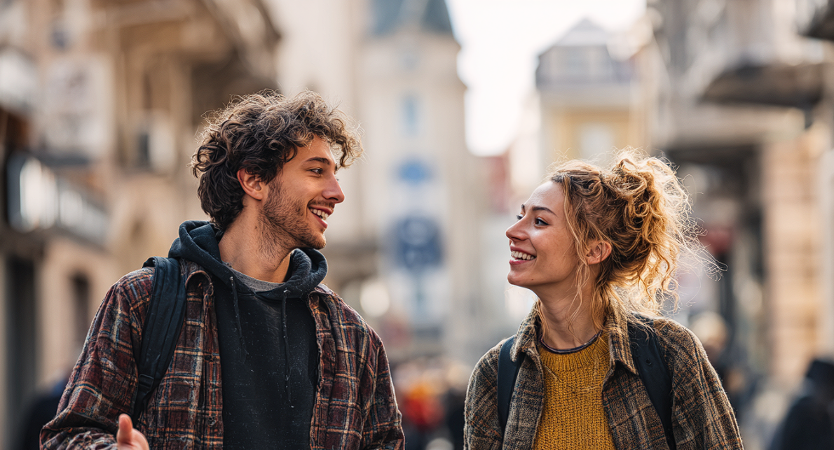 Una pareja hablando mientras camina por una calle de la ciudad | Fuente: Midjourney