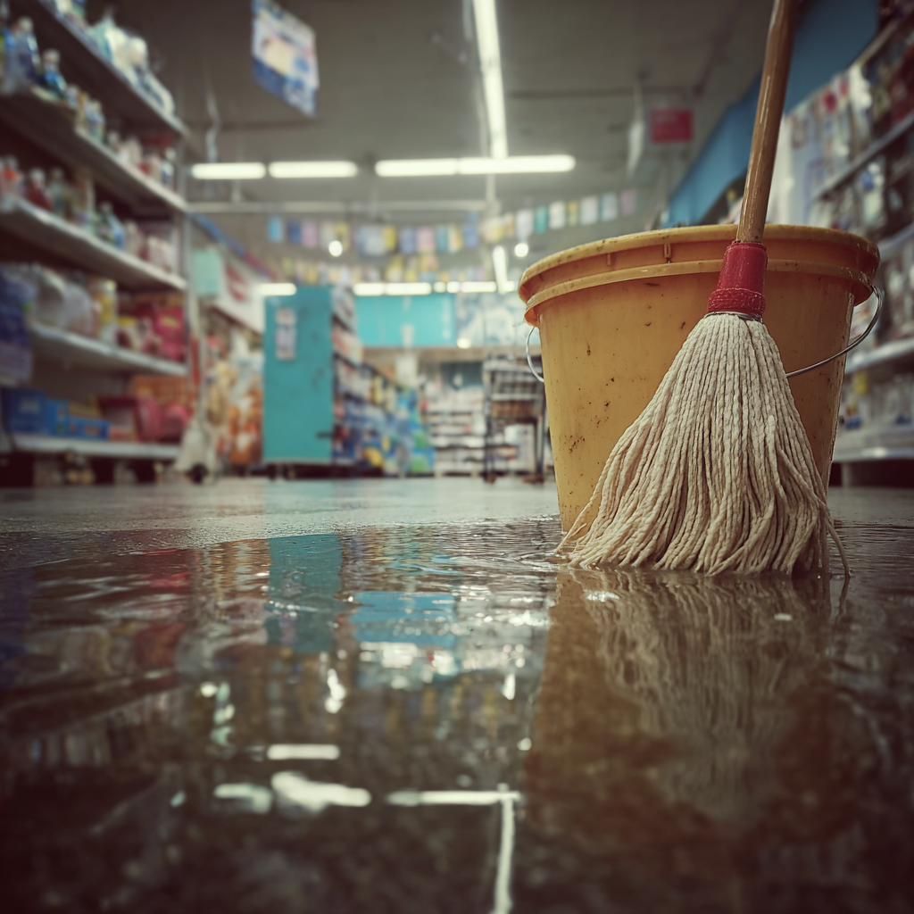 Una fregona y un cubo de agua en el suelo de un supermercado | Fuente: Midjourney