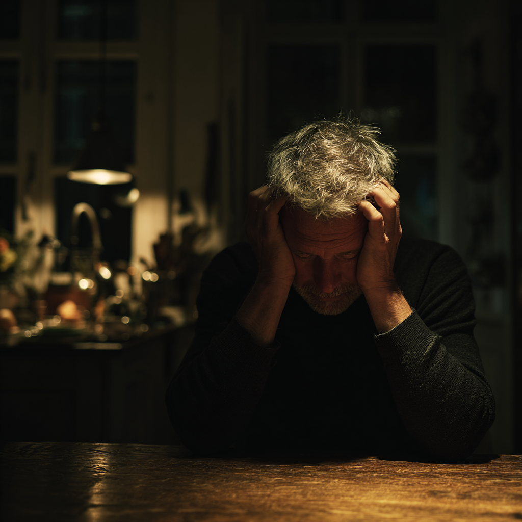 Un hombre sentado con la cabeza entre las manos | Fuente: Midjourney