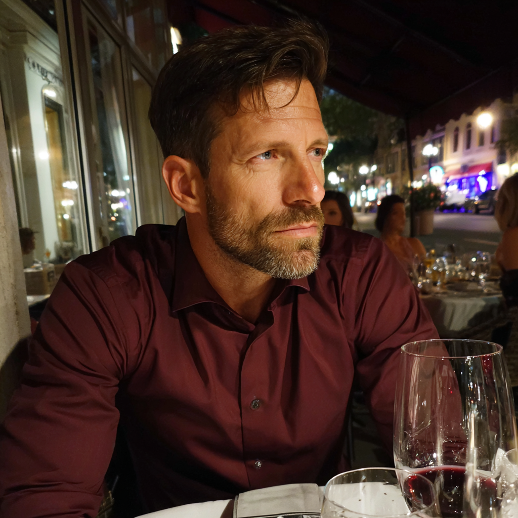 Un hombre preocupado sentado en un restaurante | Fuente: Midjourney