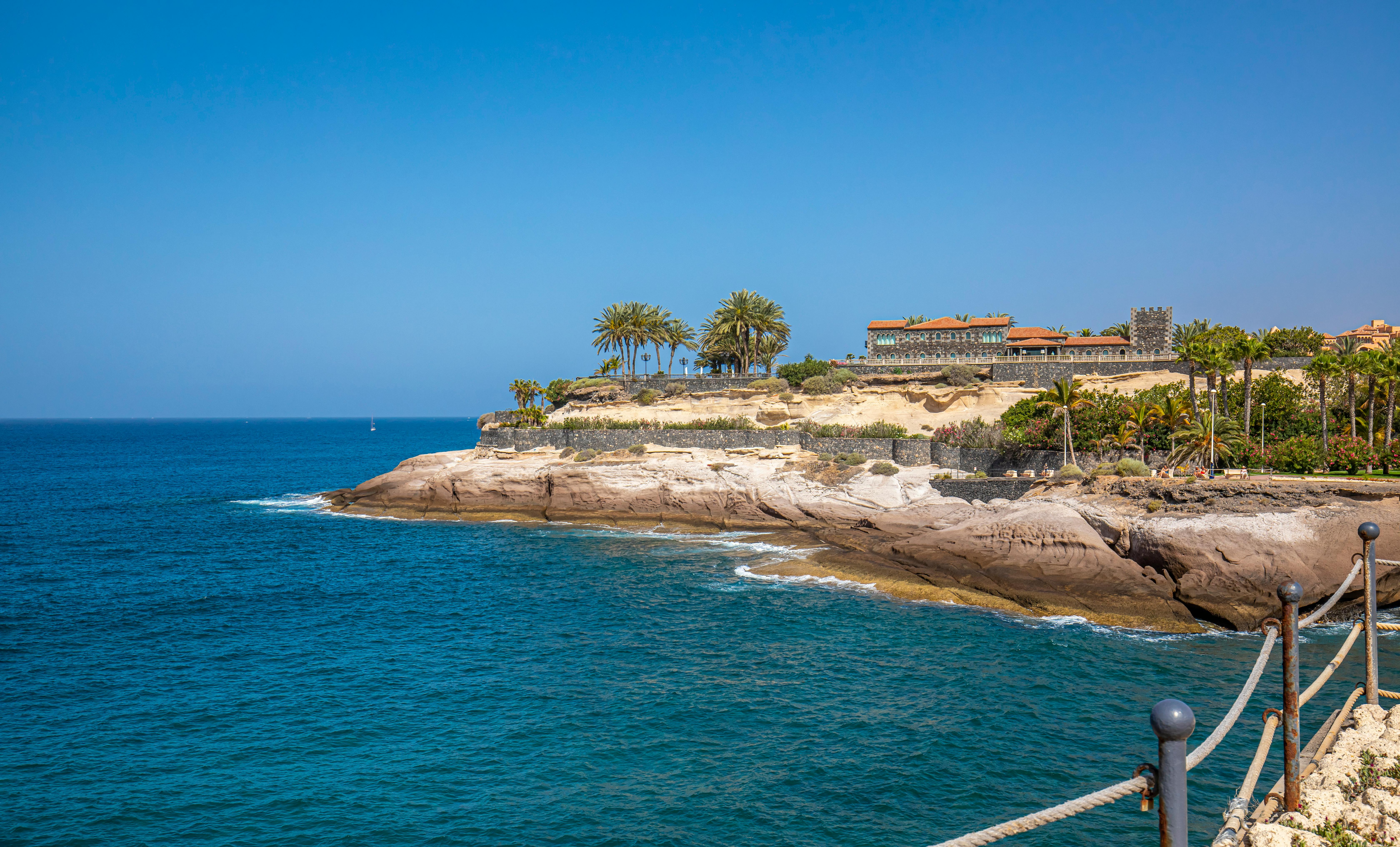 Paseo marítimo y litoral de Costa Adeje, Tenerife, con altas palmeras y muros de piedra tosca. | Fuente: Pexels
