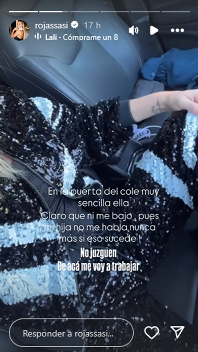 Sabrina Rojas en su automóvil mientras espera que sus hijos Esperanza y Fausto salgan del colegio | Fuente: Instagram Stories/rojassasi