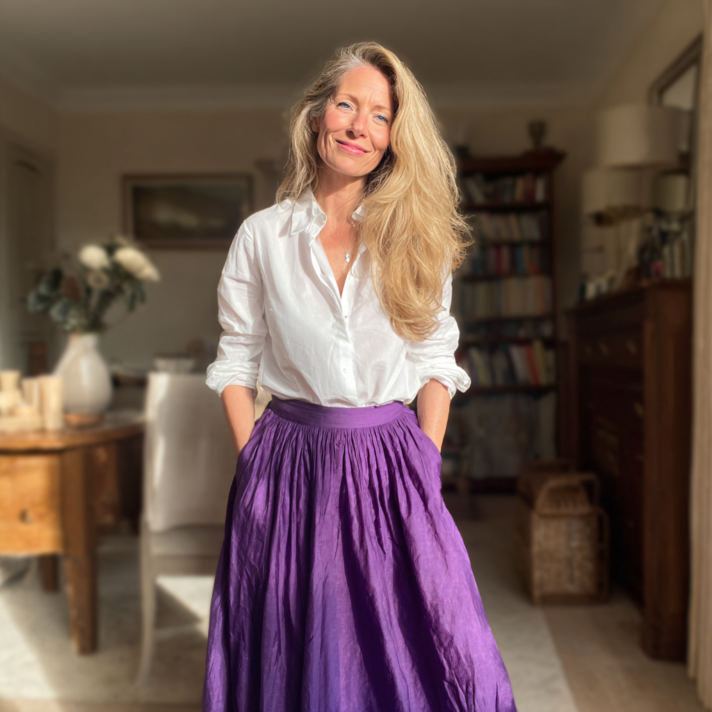 Una mujer sonriente de pie en un salón | Fuente: Midjourney