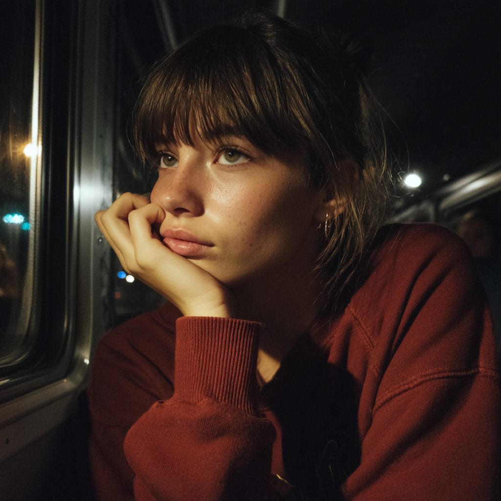Una chica sentada en un autobús | Fuente: Midjourney