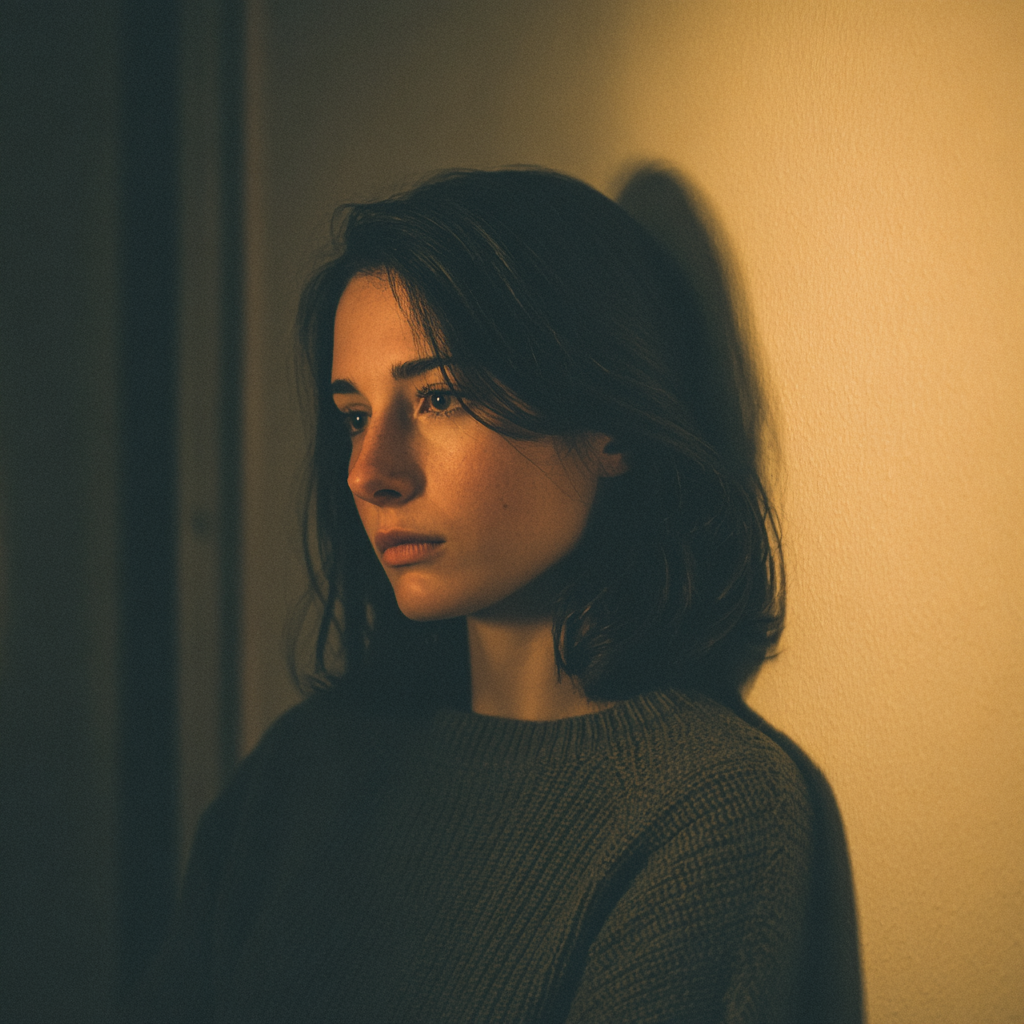 Una mujer apoyada en una pared | Fuente: Midjourney