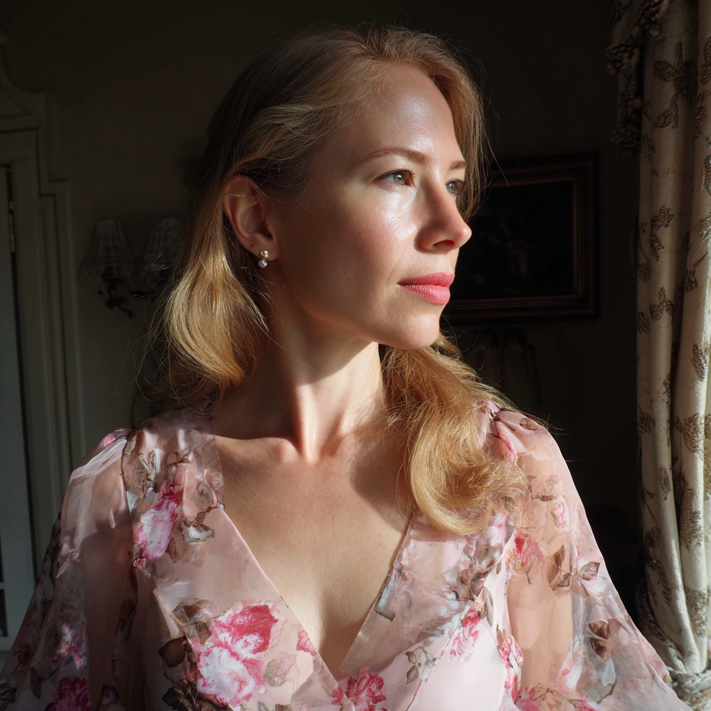 Una mujer pensativa con un vestido floral rosa | Fuente: Midjourney