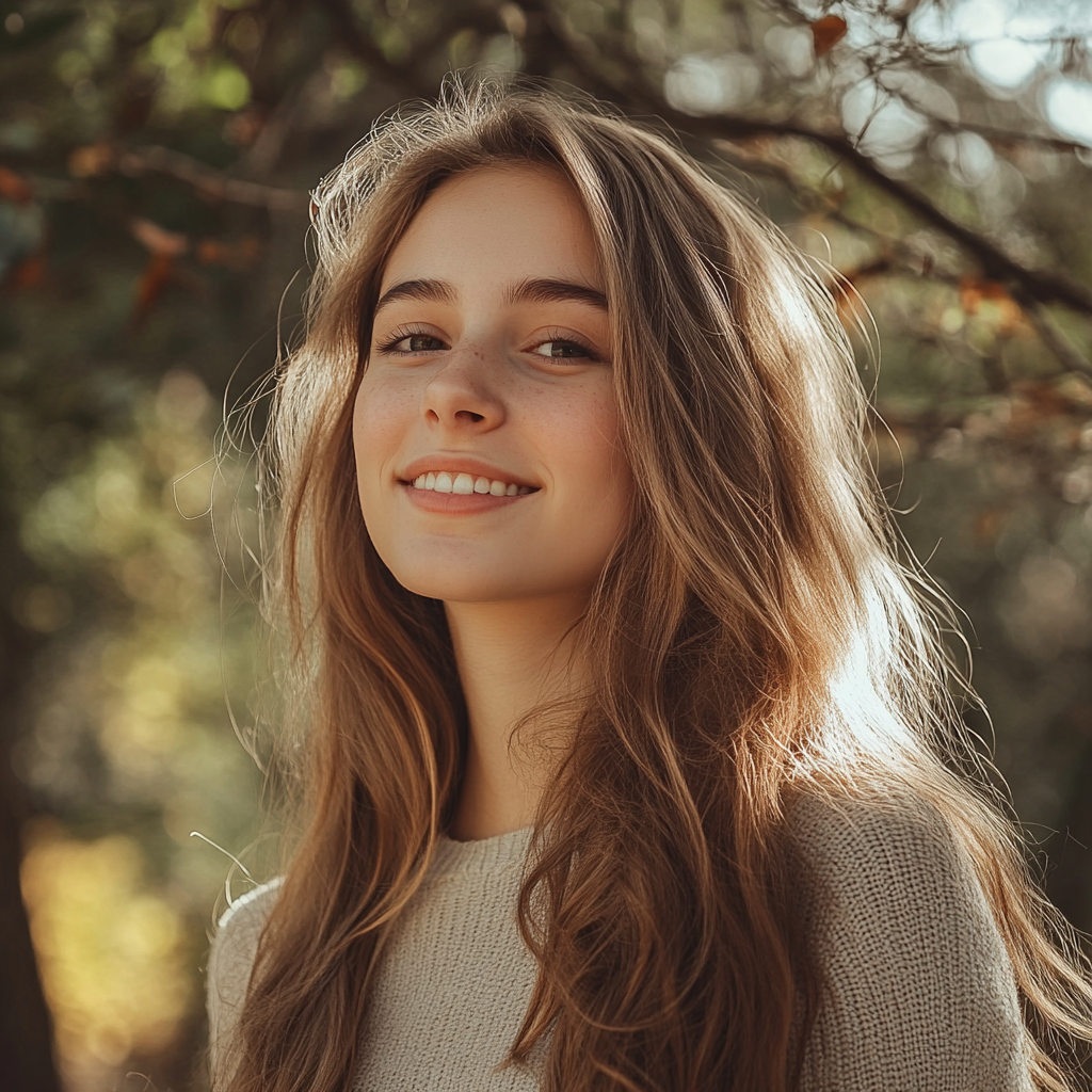 Una joven sonriente en el exterior | Fuente: Midjourney