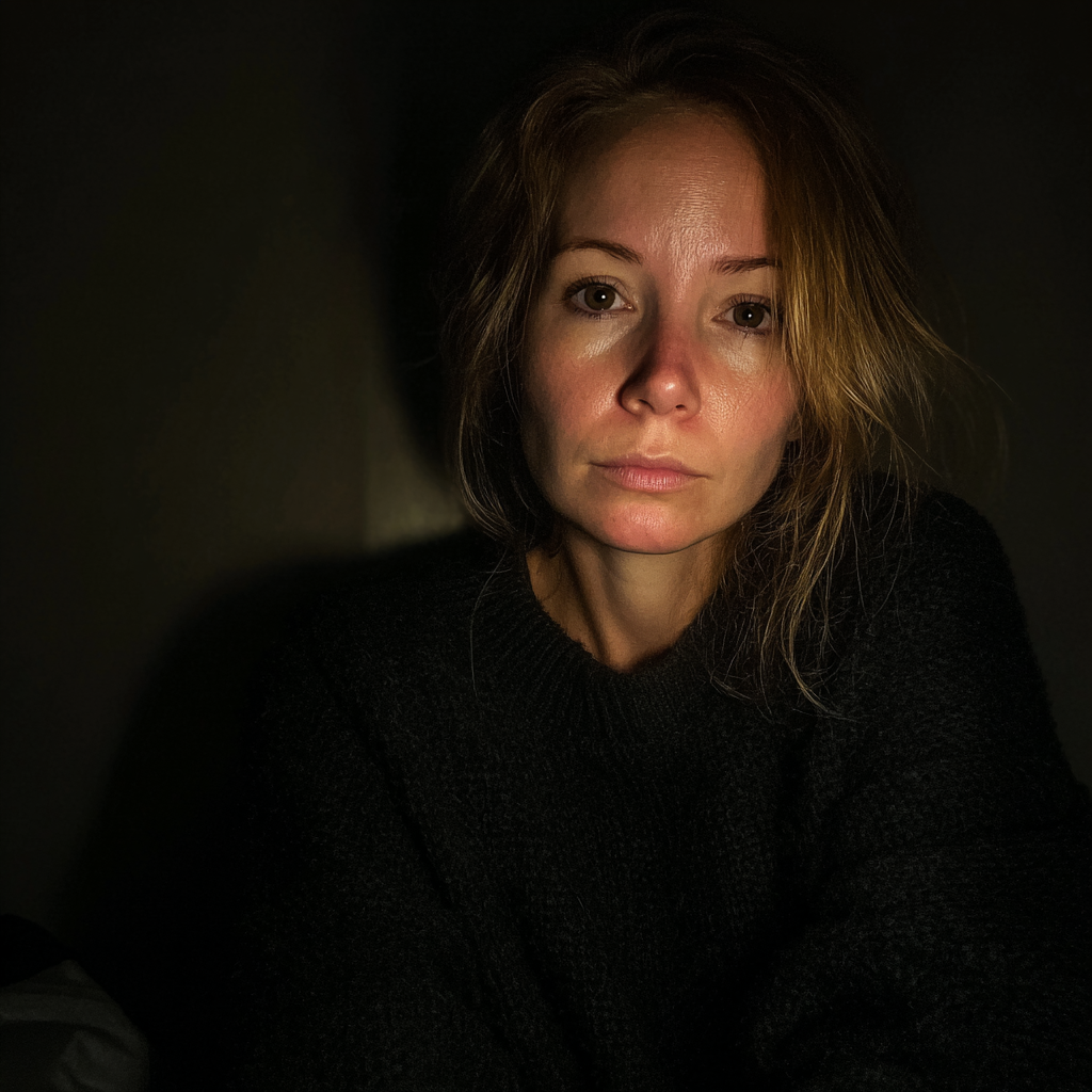 Una mujer emocional sentada en la oscuridad | Fuente: Midjourney