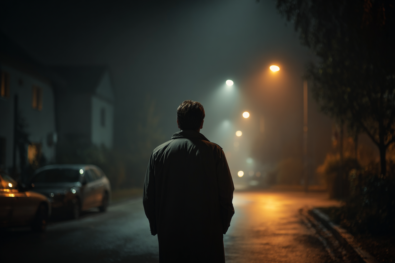 Un hombre de pie en una calle de noche | Fuente: Midjourney