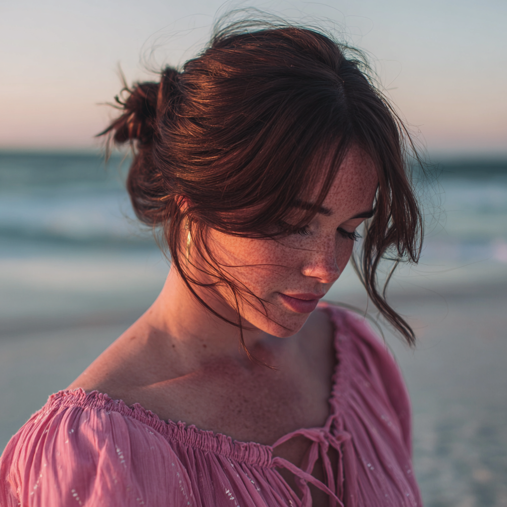 Una mujer de pie en una playa con un vestido rosa | Fuente: Midjourney