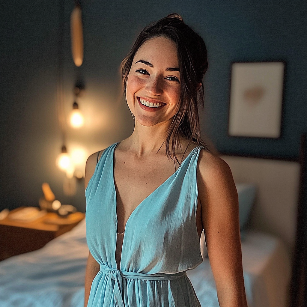 Una mujer sonriente de pie en un dormitorio | Fuente: Midjourney