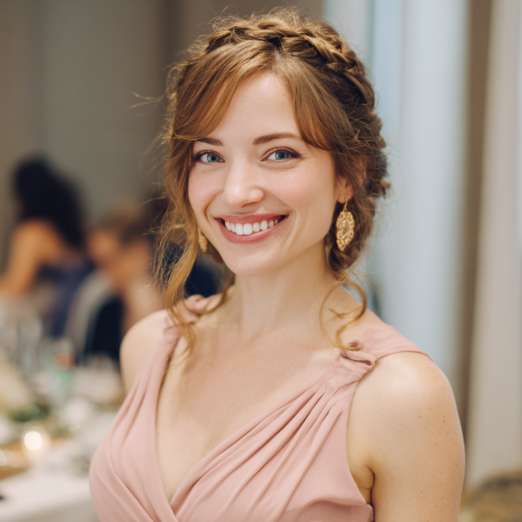 Una mujer sonriente con un vestido rosa pálido | Fuente: Midjourney